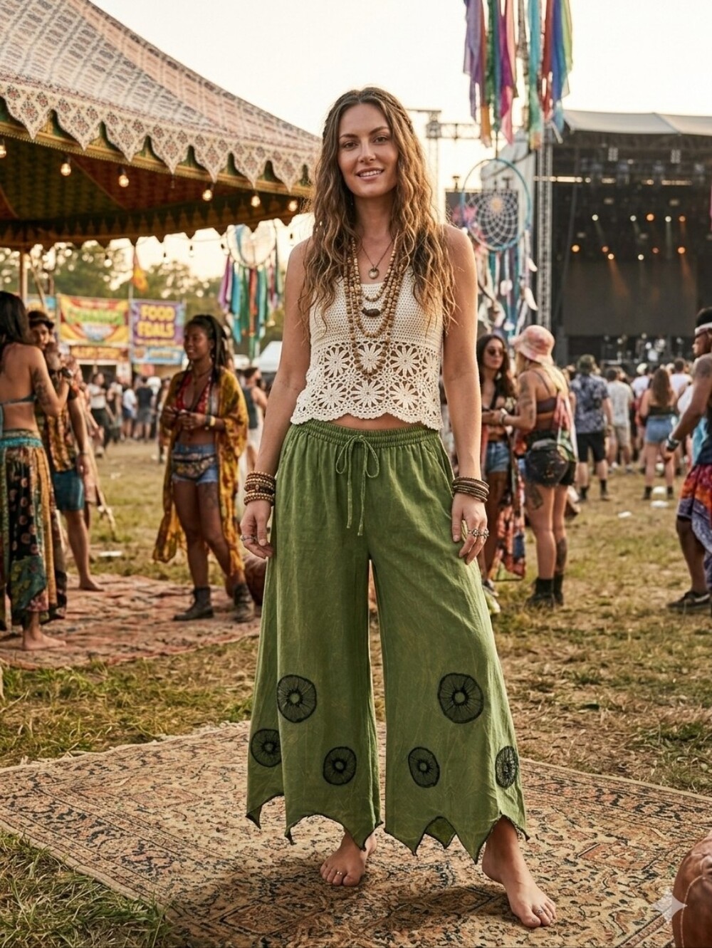 Whimsical Boho Olive Green Wide-Leg Pixie Hem Pants M/L